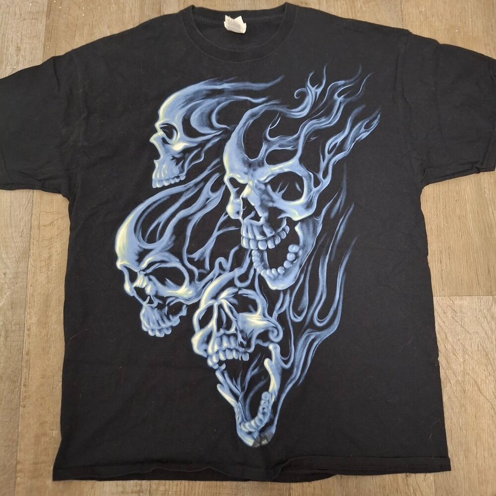 Vintage Fruit Of The Loom Heavy HD Skull Graphic T-Shirt XL Navy Blue